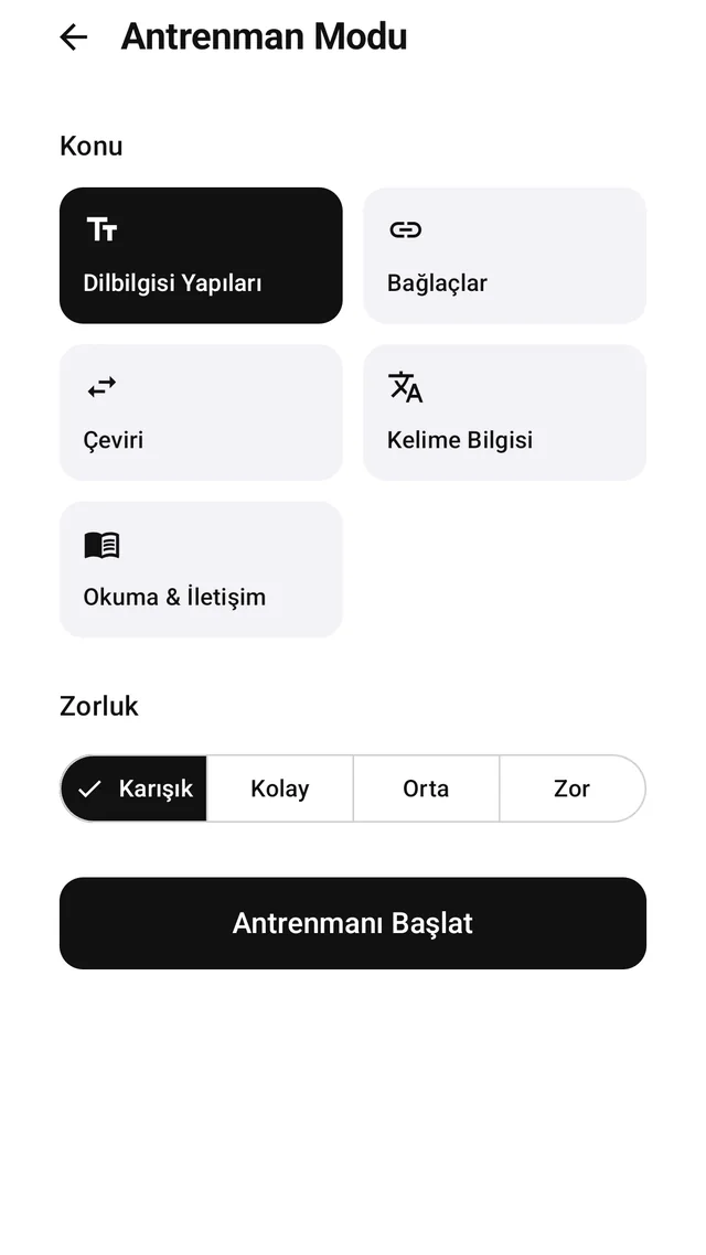 Antrenman modu konu ve zorluk seçim ekranı